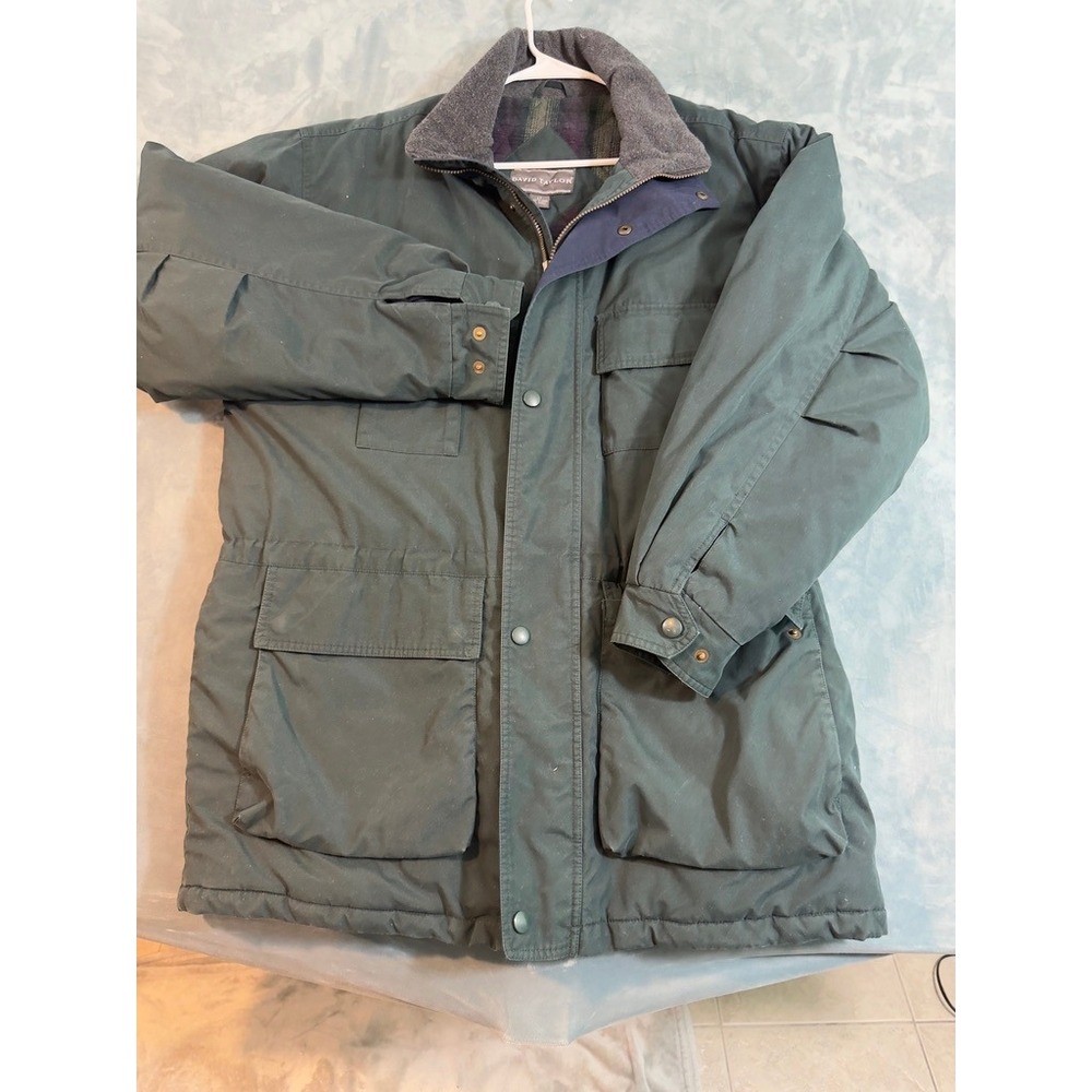 David Taylor Mens Green Field Jacket Plaid Lined Parka Coat Size LT